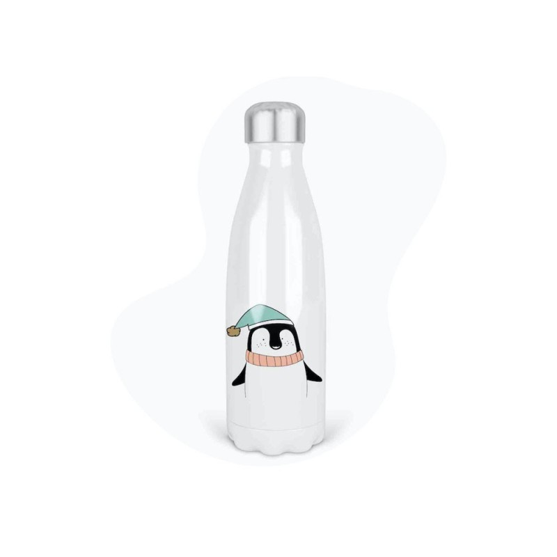 Bouteille gourde isotherme acier inox - Blanc - 350 ml - imprimé illustration Pingouin Noël