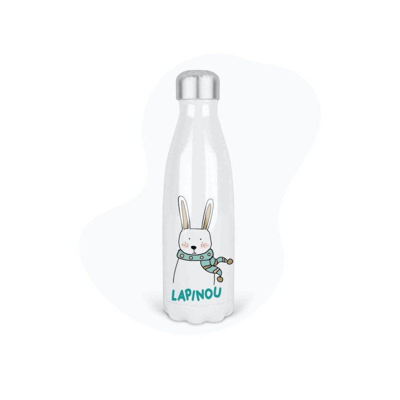 Bouteille gourde isotherme acier inox - Blanc - 350 ml - imprimé illustration Lapin Noël