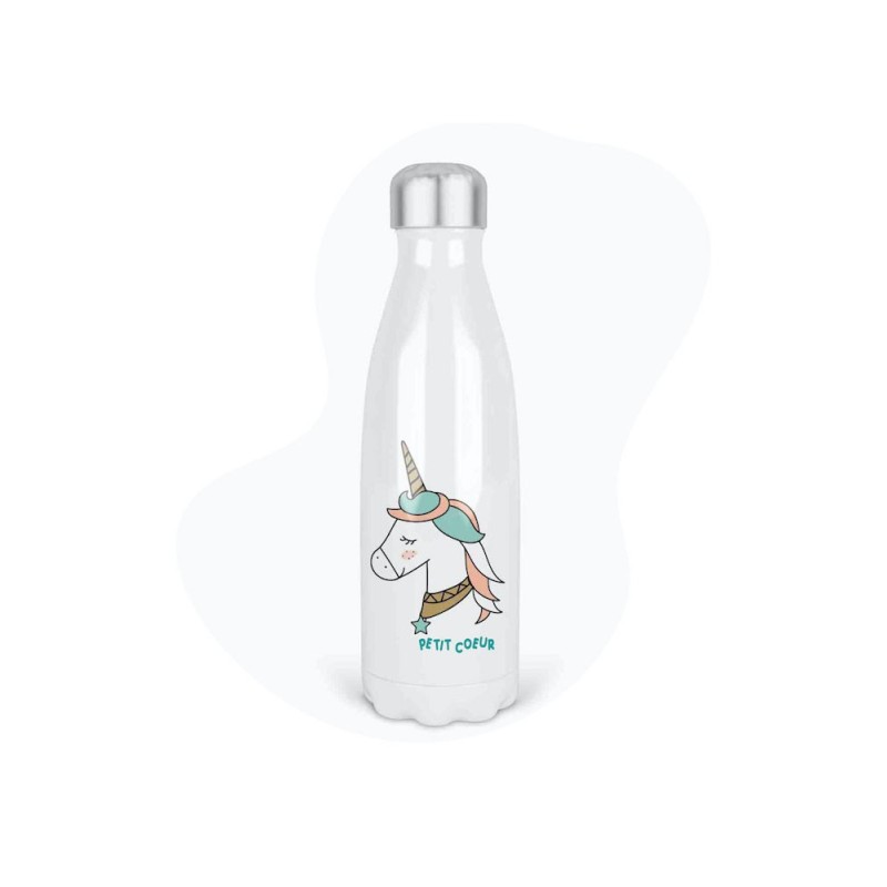 Bouteille gourde isotherme acier inox - Blanc - 350 ml - imprimé illustration Licorne petit coeur