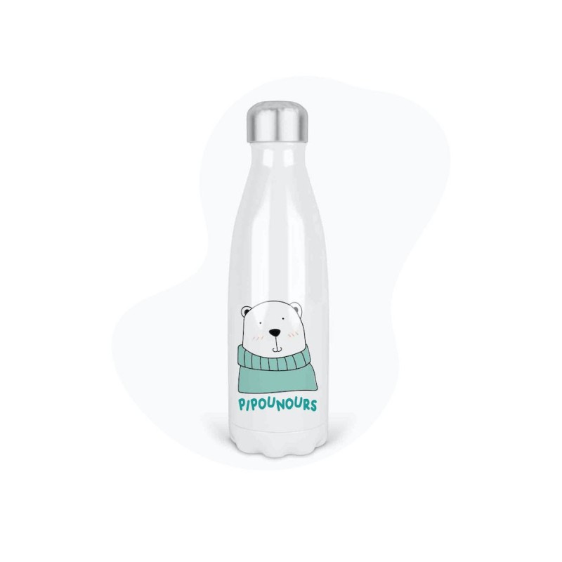 Bouteille gourde isotherme acier inox - Blanc - 350 ml - imprimé illustration Ours pipounours