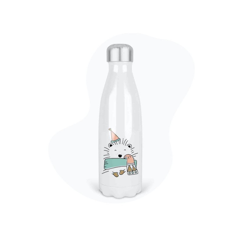 Bouteille gourde isotherme acier inox - Blanc - 350 ml - imprimé illustration Hérisson