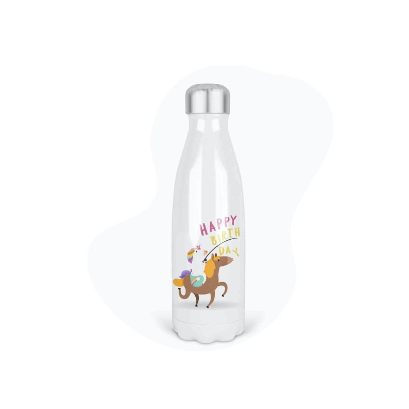 Bouteille gourde isotherme acier inox - Blanc - 350 ml - imprimé illustration happy anniversaire