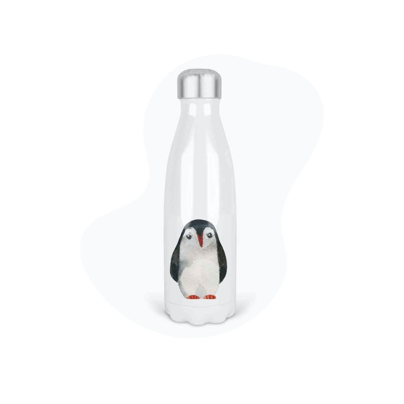 Bouteille gourde isotherme acier inox - Blanc - 350 ml - imprimé illustration Pingouin