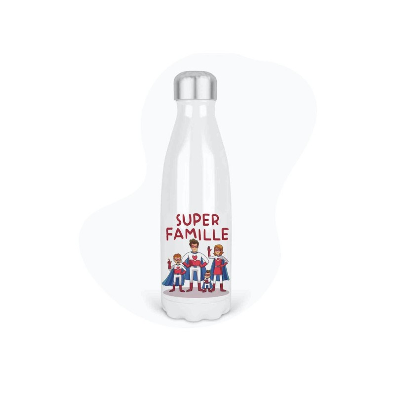 Bouteille gourde isotherme acier inox - Blanc - 350 ml - imprimé illustration Fête des mères pères Super famille