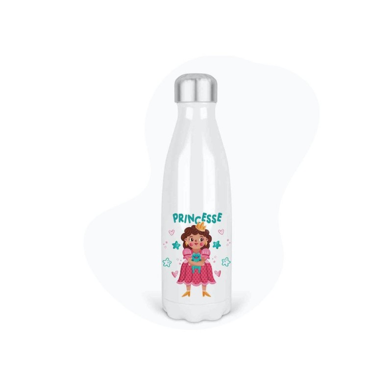 Bouteille gourde isotherme acier inox - Blanc - 350 ml - imprimé illustration princesse grenouille