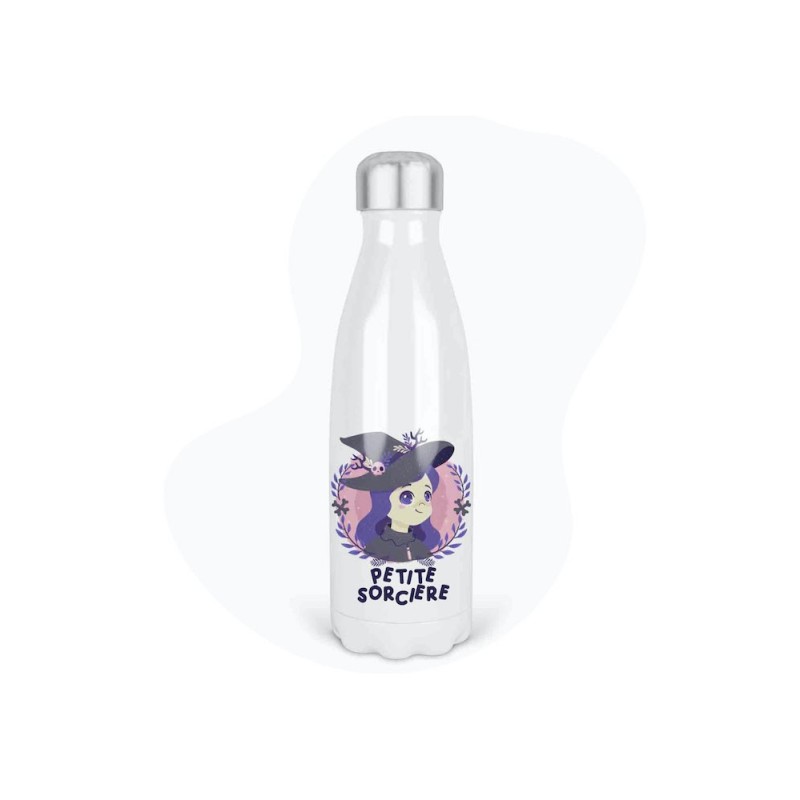 Bouteille gourde isotherme acier inox - Blanc - 350 ml - imprimé illustration Petite sorcière