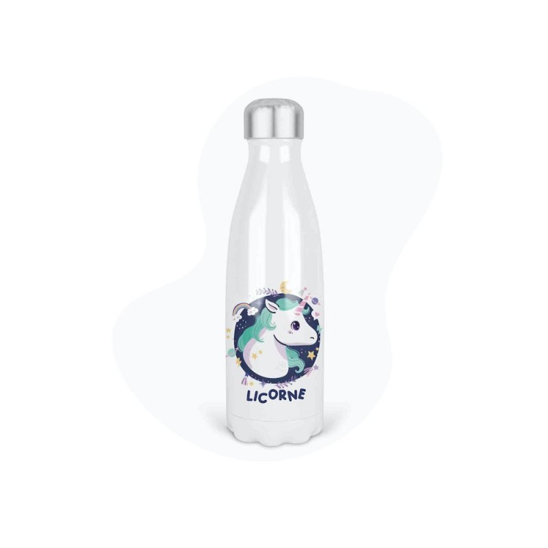 Bouteille gourde isotherme acier inox - Blanc - 350 ml - imprimé illustration Licorne