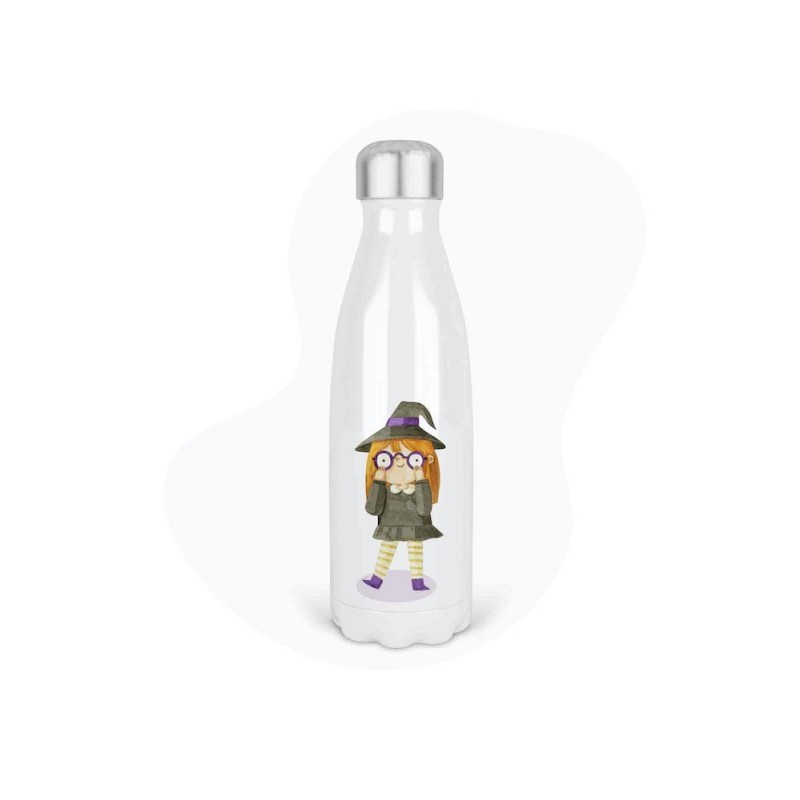 Bouteille gourde isotherme acier inox - Blanc - 350 ml - imprimé illustration Petite sorcière
