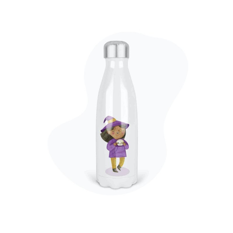Bouteille gourde isotherme acier inox - Blanc - 350 ml - imprimé illustration Petite sorcière