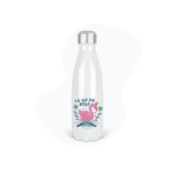 Bouteille gourde isotherme acier inox - Blanc - 350 ml - imprimé illustration flamant La vie en rose