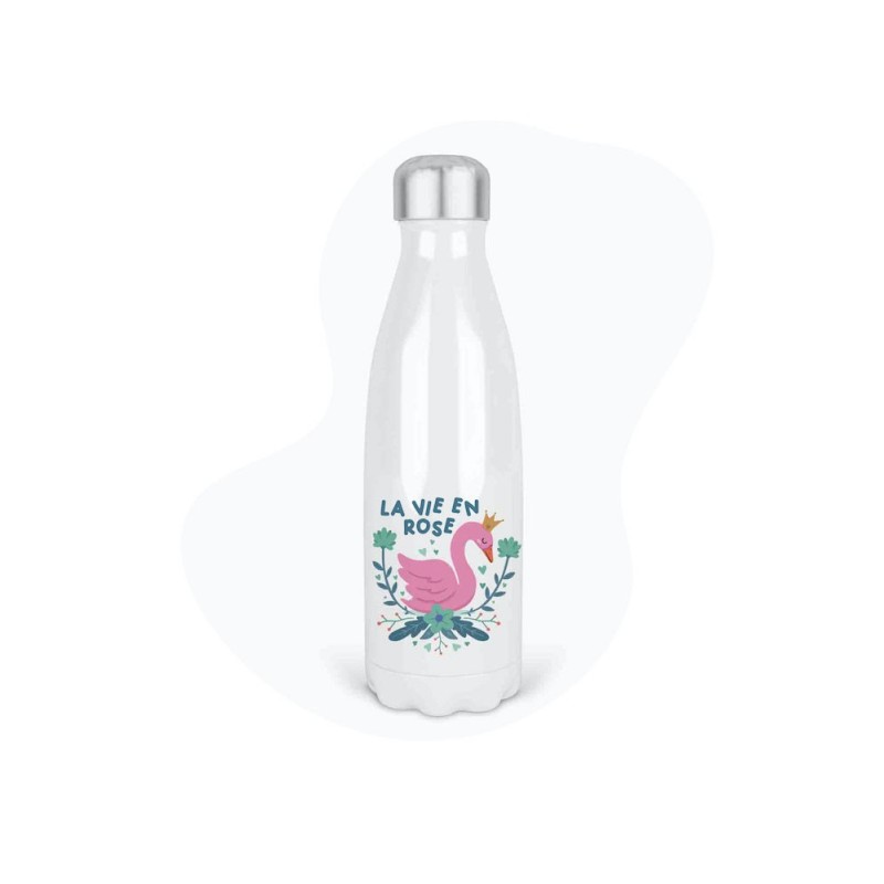 Bouteille gourde isotherme acier inox - Blanc - 350 ml - imprimé illustration flamant La vie en rose