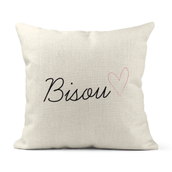 Housse de coussin - Lin - Décoration - imprimé citation Saint Valentin bisou