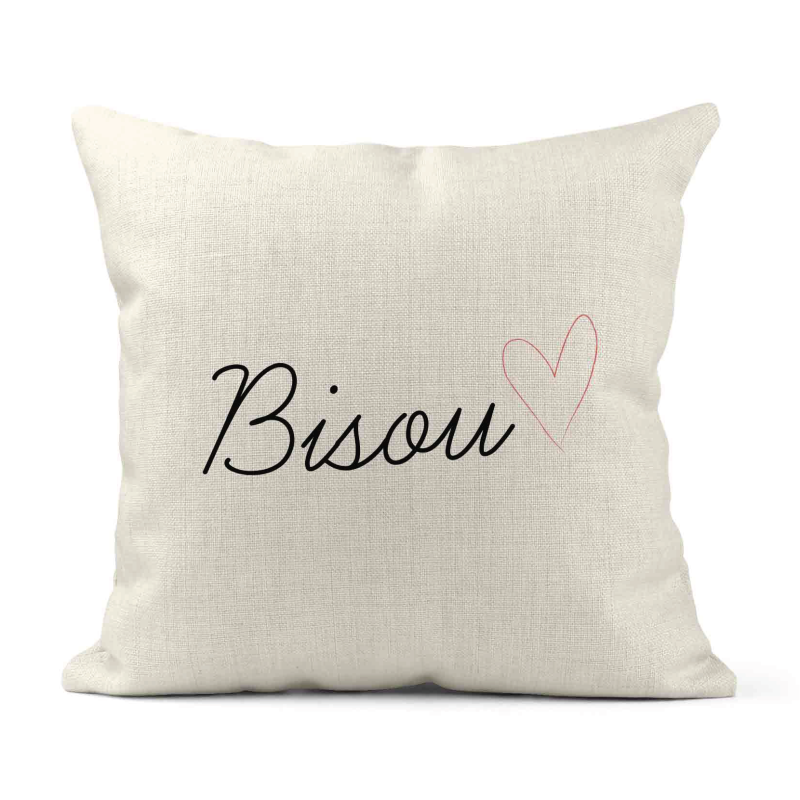 Housse de coussin - Lin - Décoration - imprimé citation Saint Valentin bisou