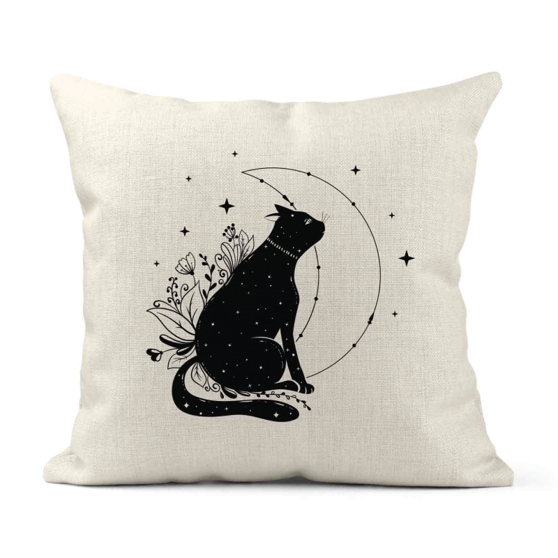 Housse de coussin - Lin - Décoration - imprimé illustration chat