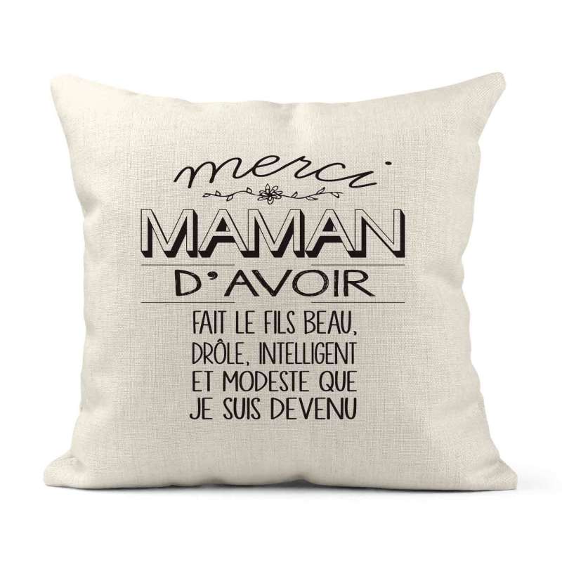 Housse de coussin - Lin - Décoration - imprimé illustration Humour Merci Maman
