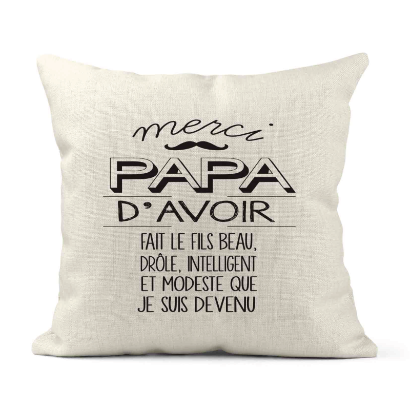 Housse de coussin - Lin - Décoration - imprimé illustration Humour Fête des pères Merci Papa