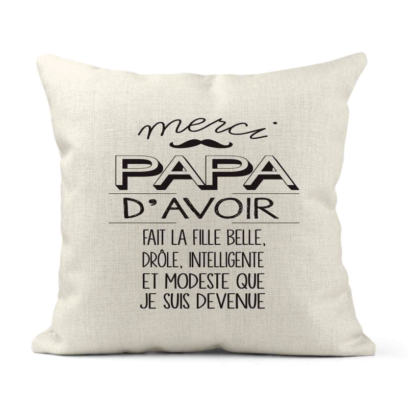 Housse de coussin - Lin - Décoration - imprimé illustration Humour Fête des pères Merci Papa