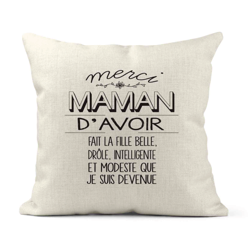 Housse de coussin - Lin - Décoration - imprimé illustration Humour Fête des mères Merci Maman