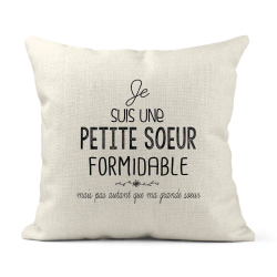 Housse de coussin - Lin - Décoration - imprimé illustration Humour Je suis une petite soeur formidable