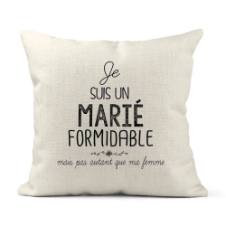 Housse de coussin - Lin - Décoration - imprimé illustration Humour Mariage Je suis un marié formidable