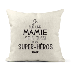 Housse de coussin - Lin - Décoration - imprimé illustration Humour Fête des mamies Je suis une mamie et aussi un super héros