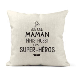 Housse de coussin - Lin - Décoration - imprimé illustration Je suis une maman et aussi un super héros