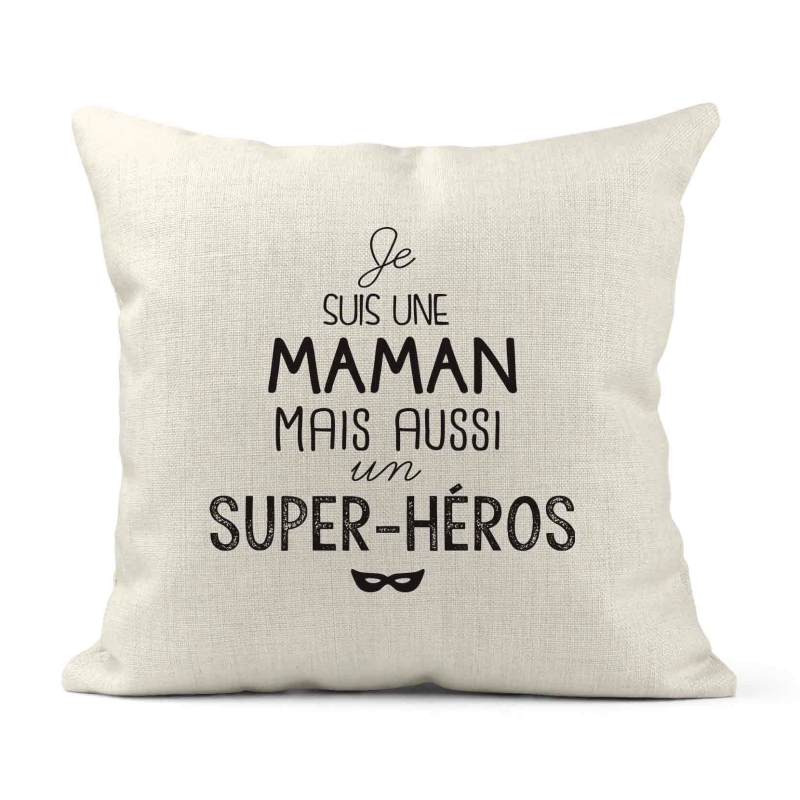 Housse de coussin - Lin - Décoration - imprimé illustration Je suis une maman et aussi un super héros