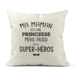 Housse de coussin - Lin - Décoration - imprimé illustration Ma maman est une princesse et aussi un super héros