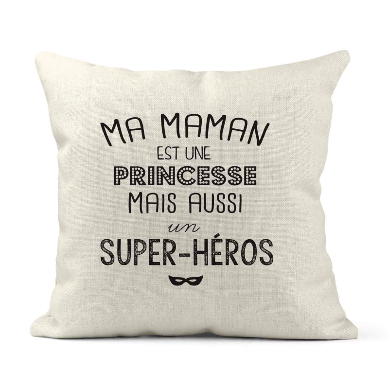 Housse de coussin - Lin - Décoration - imprimé illustration Ma maman est une princesse et aussi un super héros
