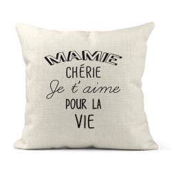 Housse de coussin - Lin - Décoration - imprimé illustration Mamie chérie je t'aime pour la vie