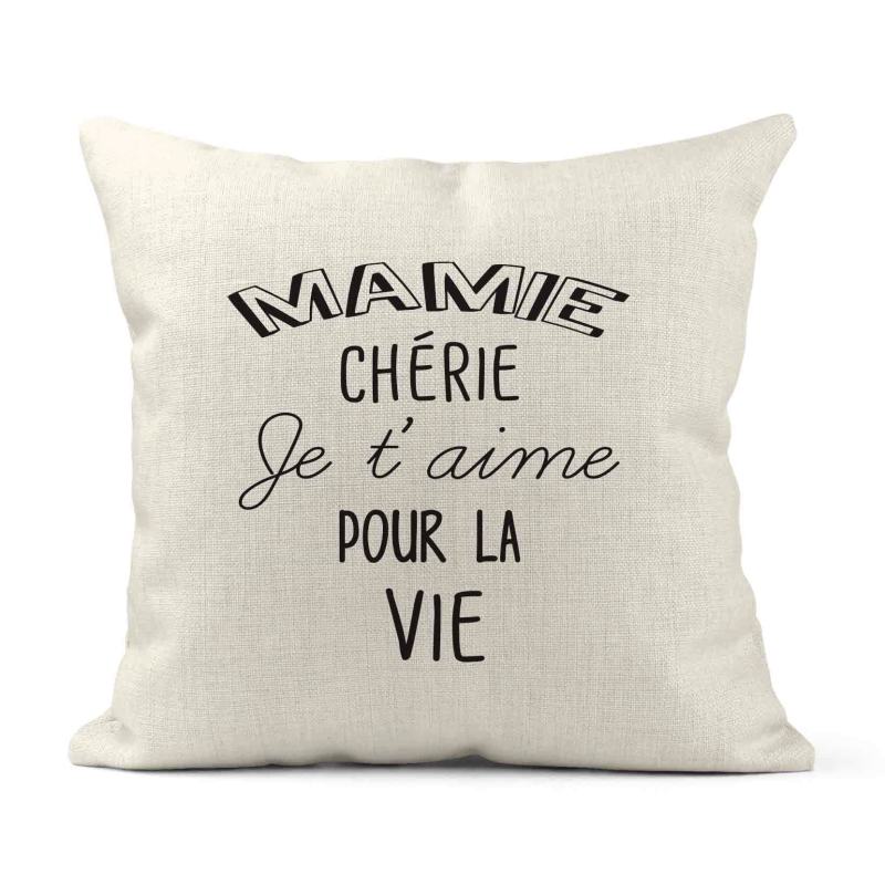 Housse de coussin - Lin - Décoration - imprimé illustration Mamie chérie je t'aime pour la vie