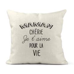 Housse de coussin - Lin - Décoration - imprimé illustration Maman chérie je t'aime pour la vie