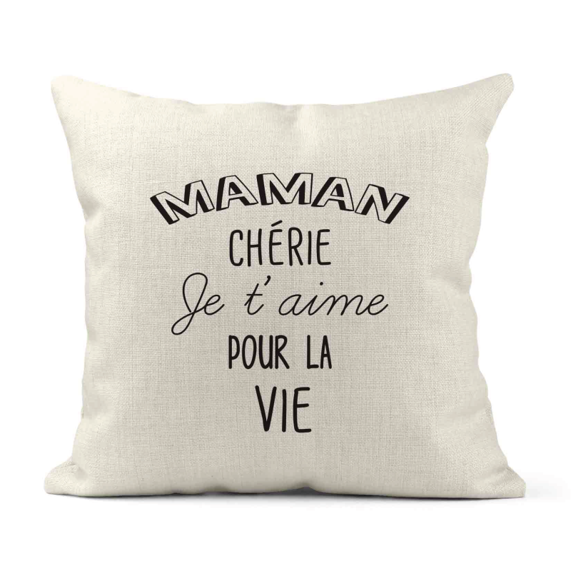 Housse de coussin - Lin - Décoration - imprimé illustration Maman chérie je t'aime pour la vie