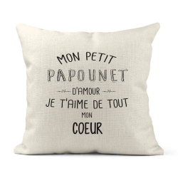 Housse de coussin - Lin - Décoration - imprimé illustration Fête des pères Mon petit Papounet je t'aime de tout mon coeur
