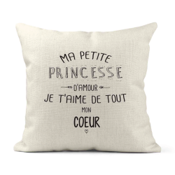 Housse de coussin - Lin - Décoration - imprimé illustration Ma petite princesse je t'aime de tout mon coeur