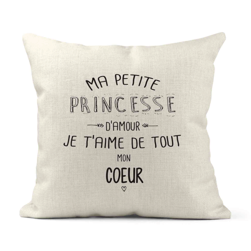 Housse de coussin - Lin - Décoration - imprimé illustration Ma petite princesse je t'aime de tout mon coeur