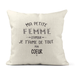 Housse de coussin - Lin - Décoration - imprimé illustration Ma petite femme je t'aime de tout mon coeur