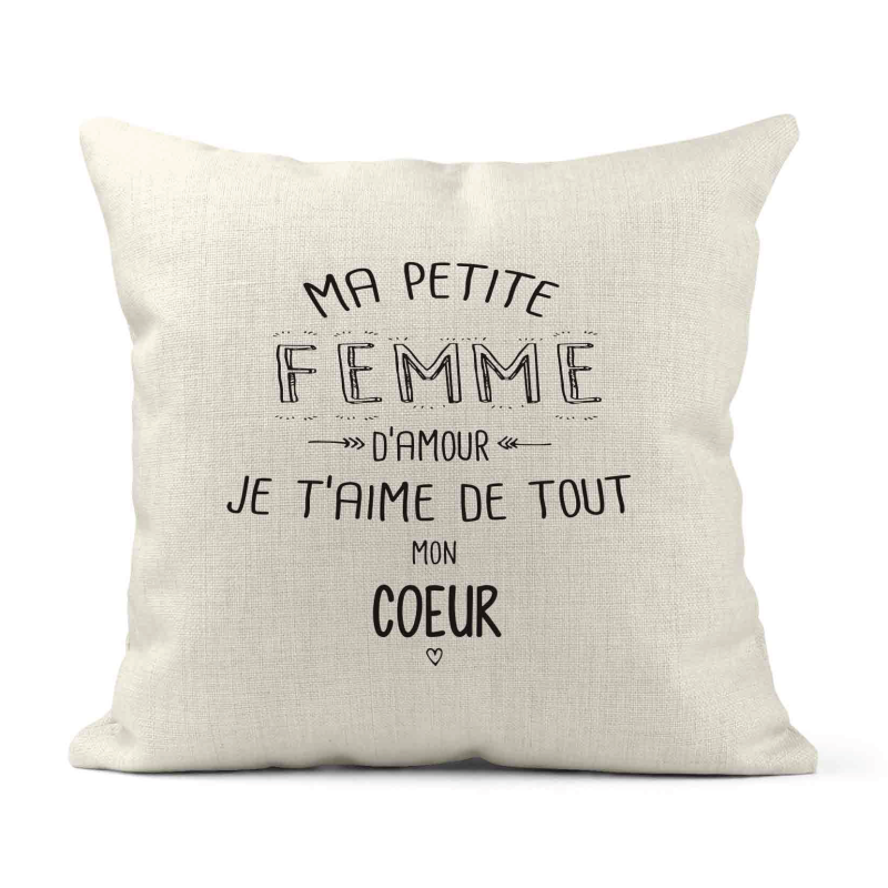 Housse de coussin - Lin - Décoration - imprimé illustration Ma petite femme je t'aime de tout mon coeur