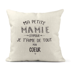 Housse de coussin - Lin - Décoration - imprimé illustration Ma petite Mamie je t'aime de tout mon coeur