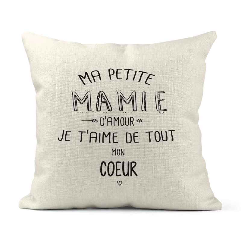 Housse de coussin - Lin - Décoration - imprimé illustration Ma petite Mamie je t'aime de tout mon coeur