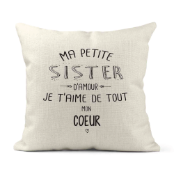 Housse de coussin - Lin - Décoration - imprimé illustration Ma petite Sister je t'aime de tout mon coeur