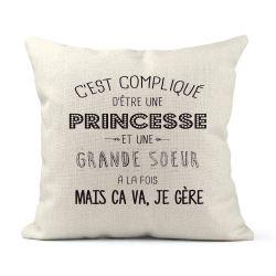 Housse de coussin - Lin - Décoration - imprimé citation C'est compliqué d'être une princesse et une grande soeur
