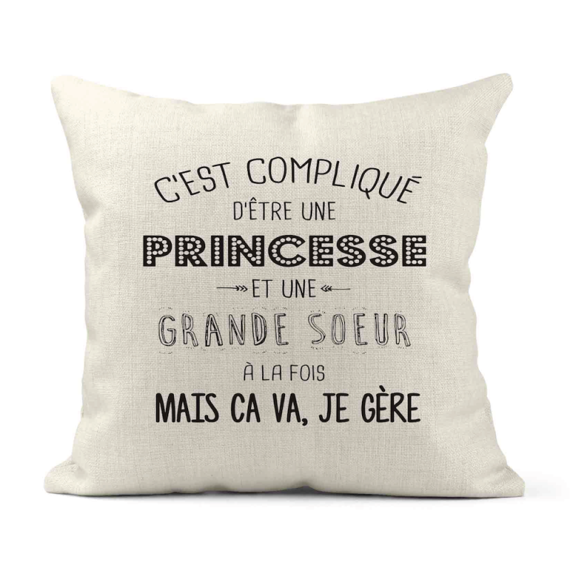 Housse de coussin - Lin - Décoration - imprimé citation C'est compliqué d'être une princesse et une grande soeur