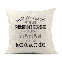 Housse de coussin - Lin - Décoration - imprimé citation C'est compliqué d'être une princesse et une Maman