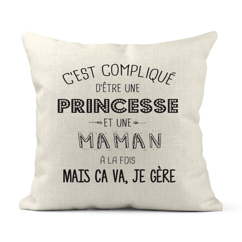 Housse de coussin - Lin - Décoration - imprimé citation C'est compliqué d'être une princesse et une Maman