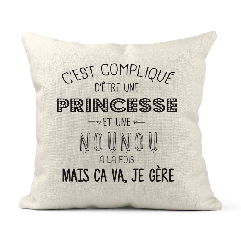 Housse de coussin - Lin - Décoration - imprimé citation C'est compliqué d'être une princesse et une Nounou