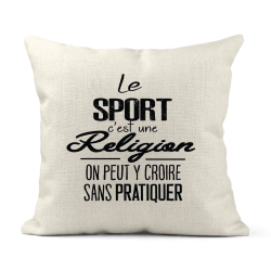 Housse de coussin - Lin - Décoration - imprimé citation Le sport est une religion on peut y croire sans pratiquer