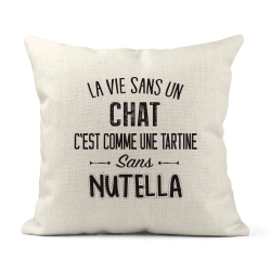 Housse de coussin - Lin - Décoration - imprimé La vie dans un chat c'est comme une tartine sans nutella