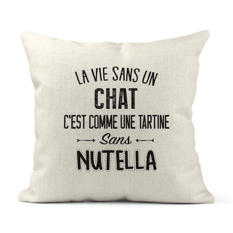 Housse de coussin - Lin - Décoration - imprimé La vie dans un chat c'est comme une tartine sans nutella
