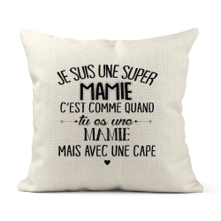 Housse de coussin - Lin - Décoration - imprimé Citation Je suis une super mamie avec une cape
